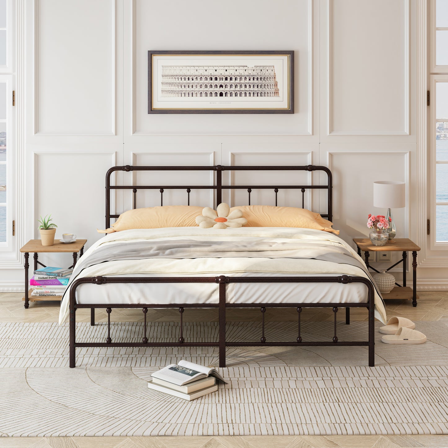 King Jerrelle Metal Open-Frame Bed- Deep Rustic Brown