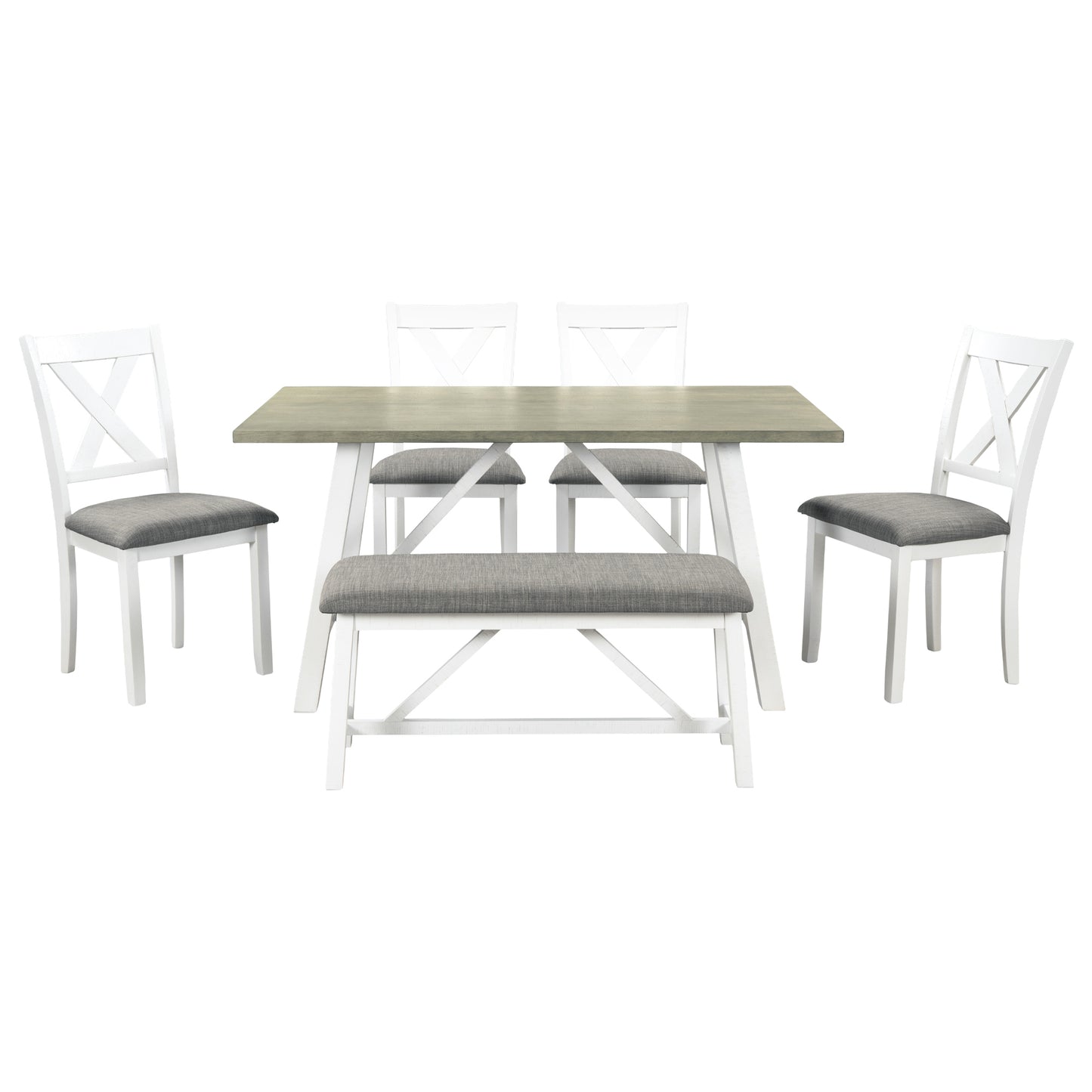 6 Piece Dining Table Set Rustic Style,White+Gray