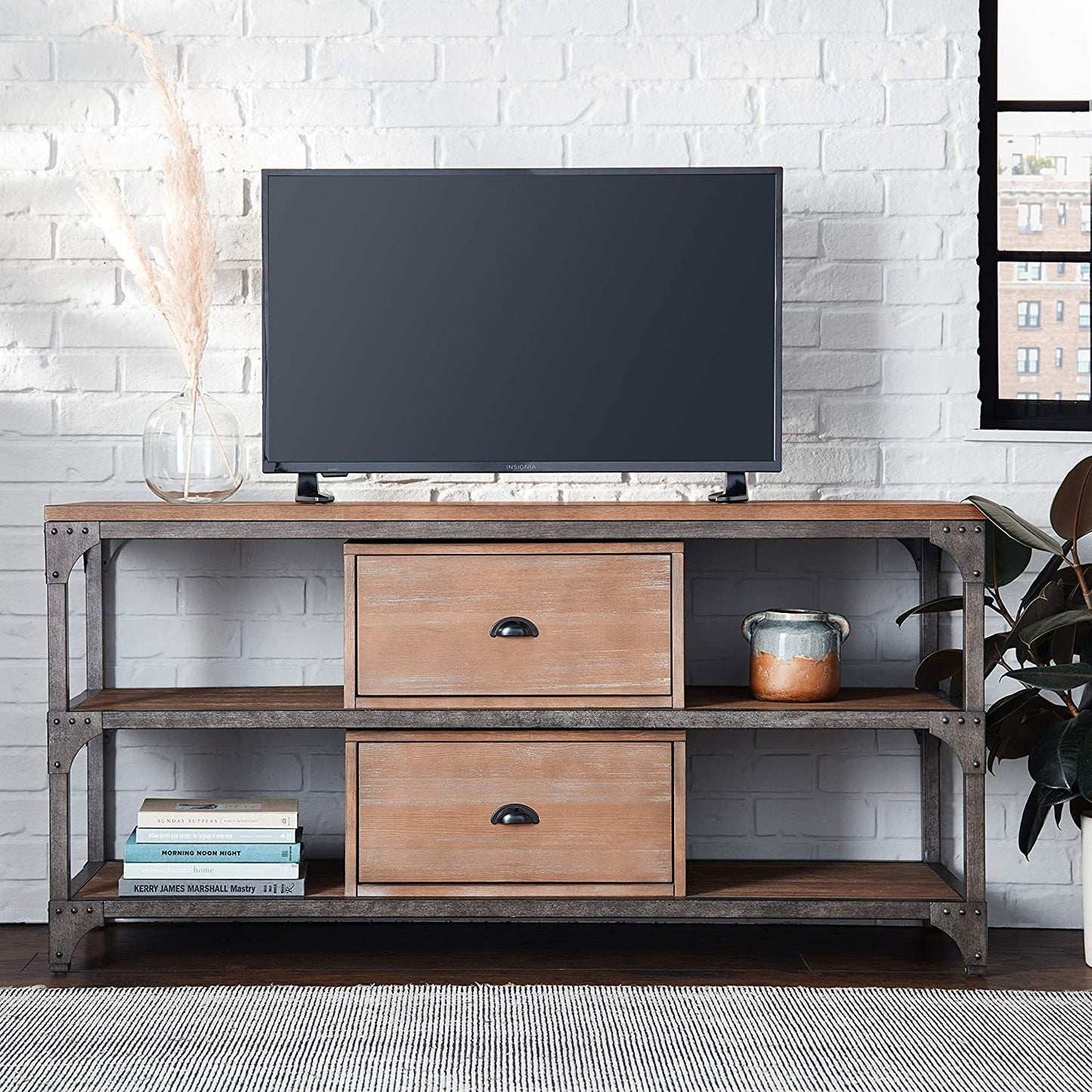 ACME Gorden TV Stand in Weathered Oak & Antique Silver