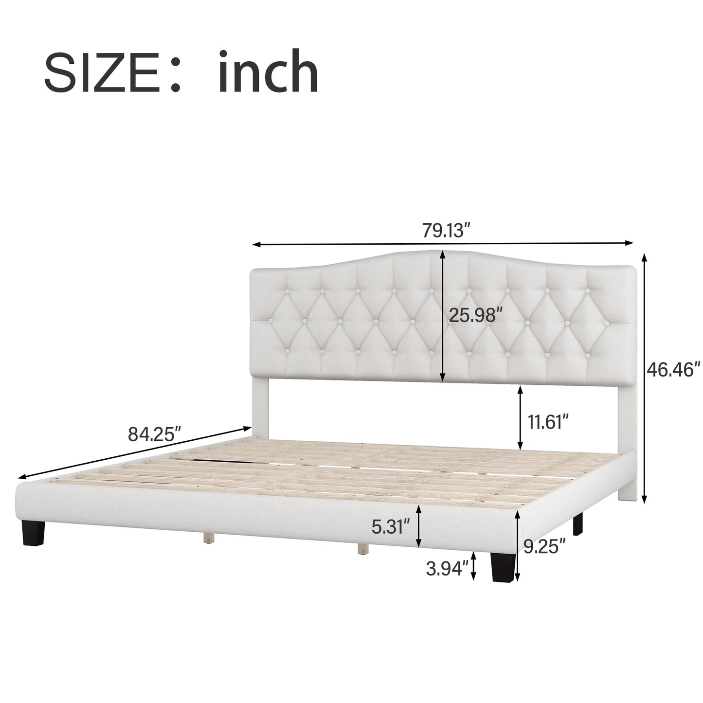 Tufted Platform Bed with Saddle Curved Headboard, King