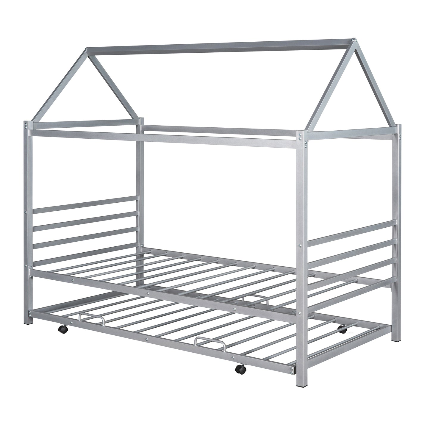 Twin Size Metal House  Platform Bed with Trundle,-Silver