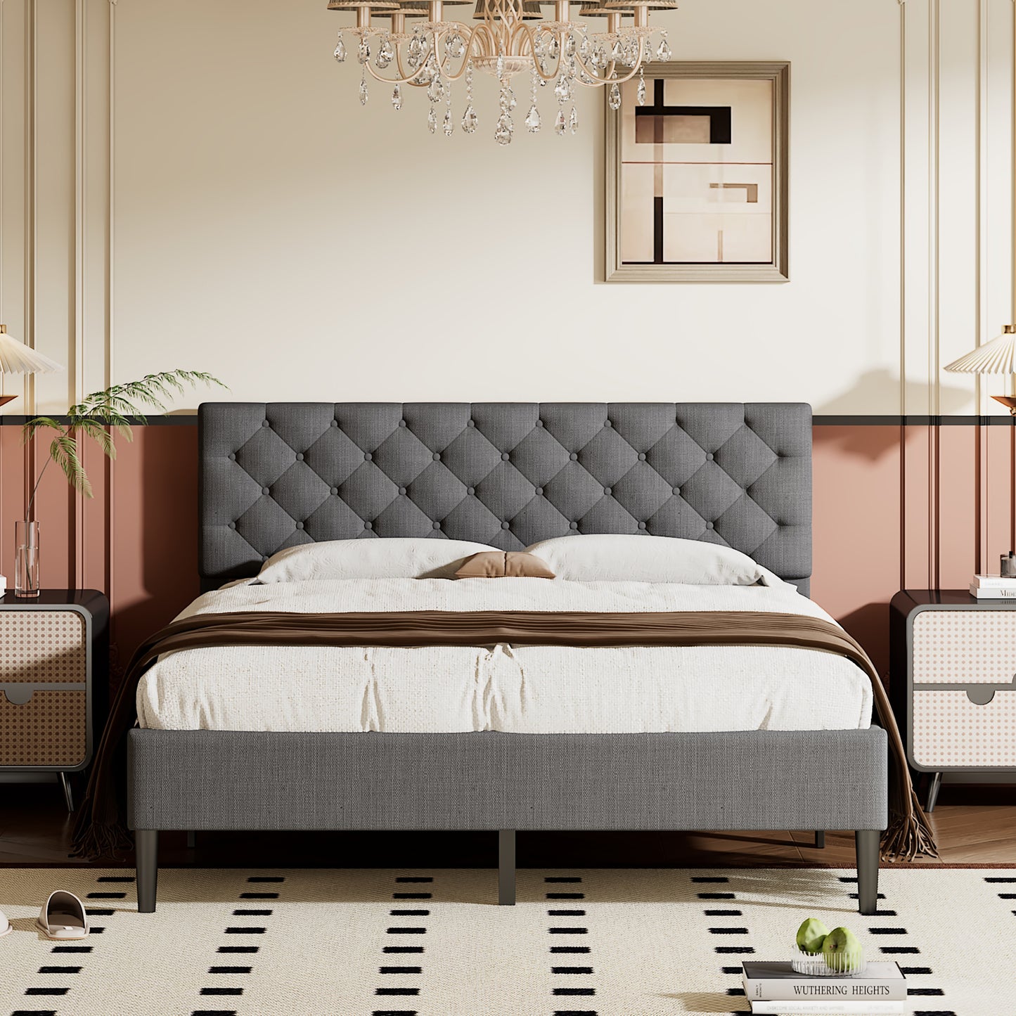 Gray Linen Upholstered Platform Bed Frame, Queen