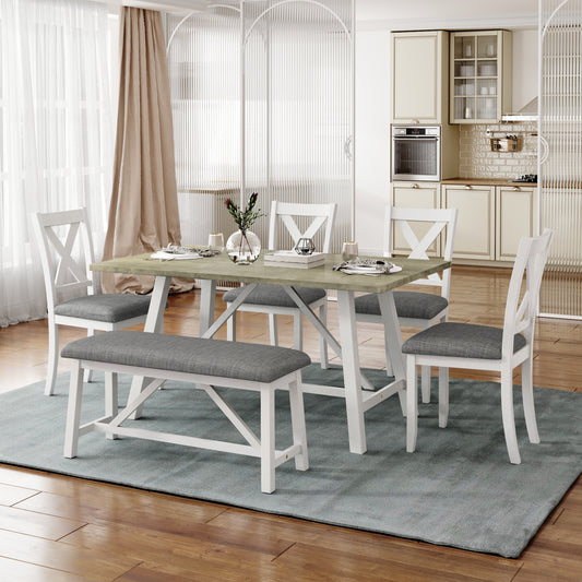 6 Piece Dining Table Set Rustic Style,White+Gray