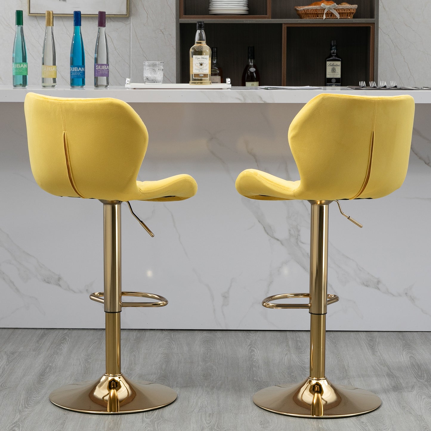 Yellow Velvet Adjustable Swivel Bar Stool Set of 2