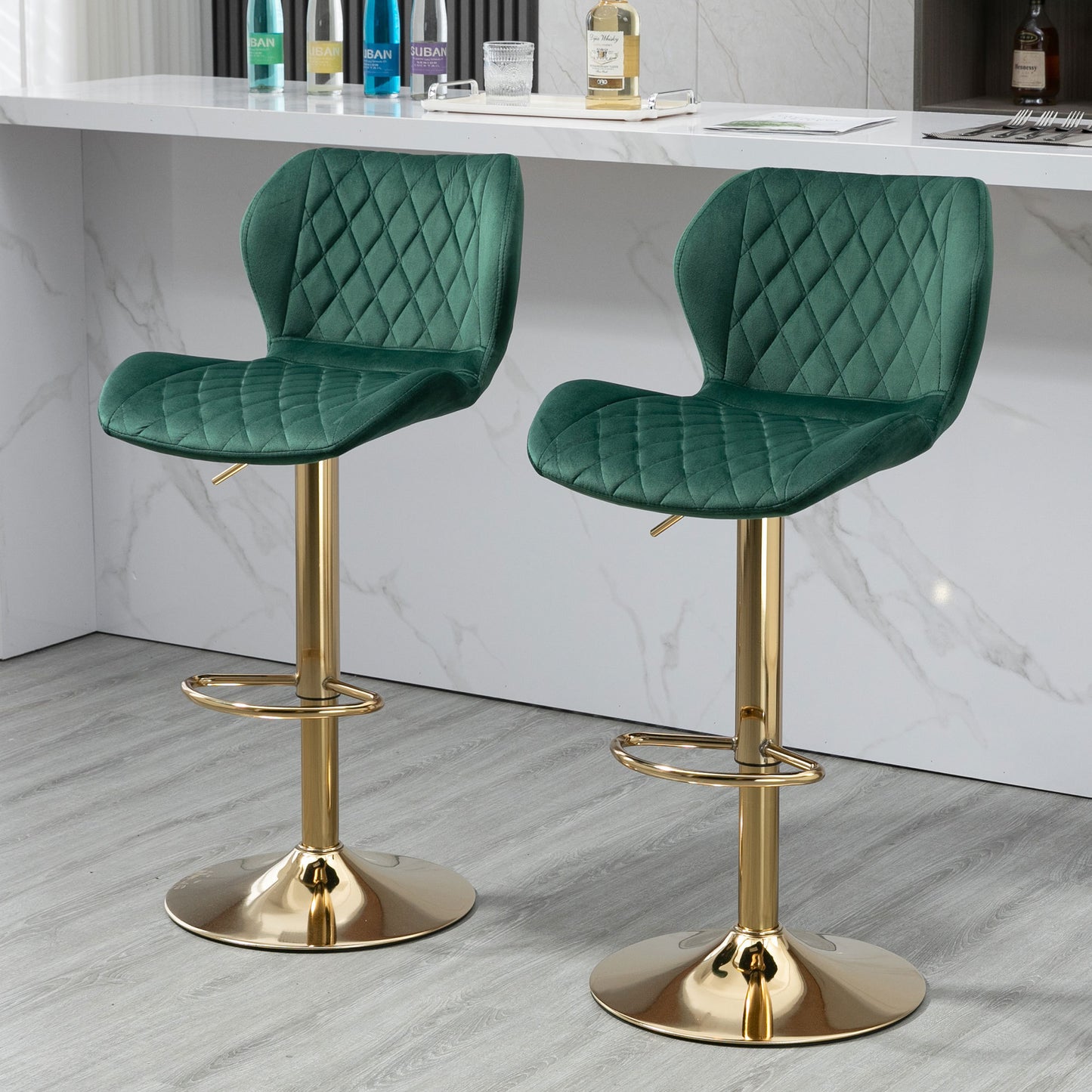 Green Velvet Adjustable Swivel Bar Stools Set of 2