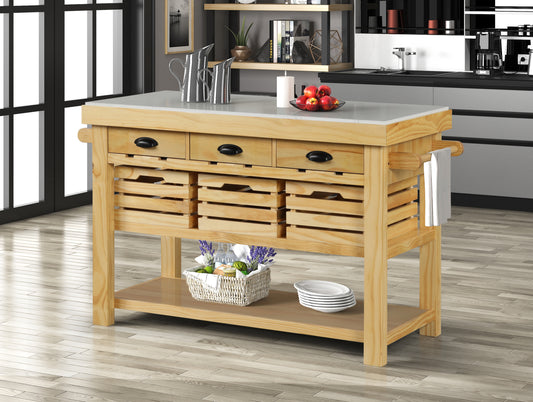 ACME Grovaam Kitchen Island Marble & Natural Finish