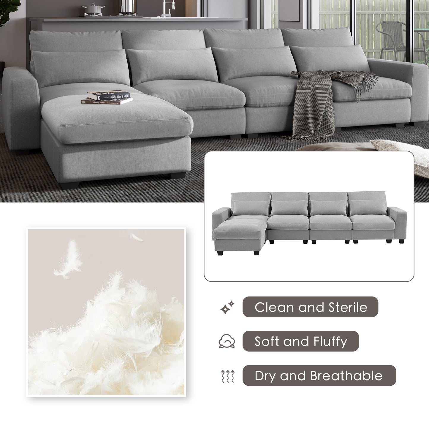 Large L-Shape Feather Filled Sectional Sofa