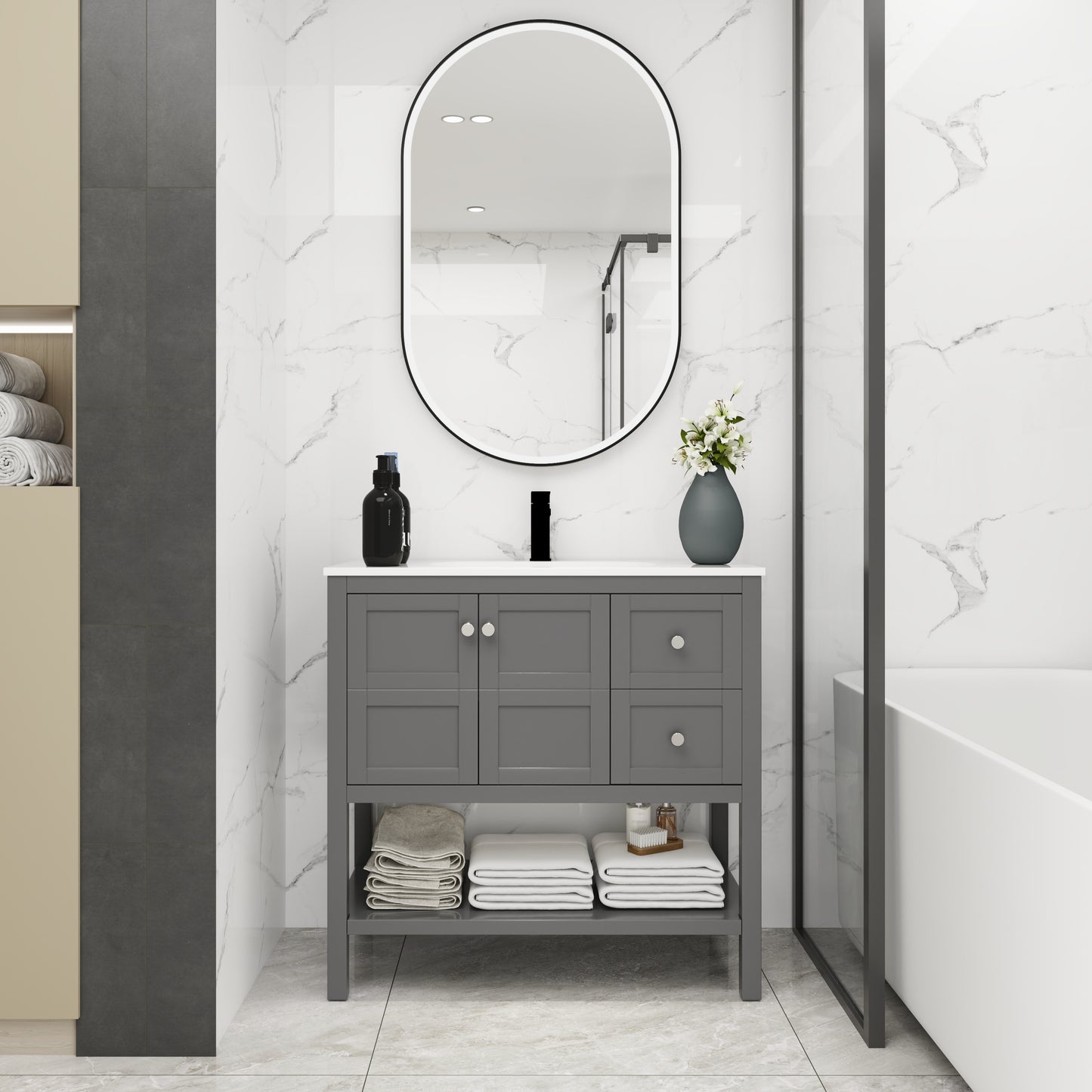 Bathroom Vanity With Soft Close Drawers and Gel Basin, Grey