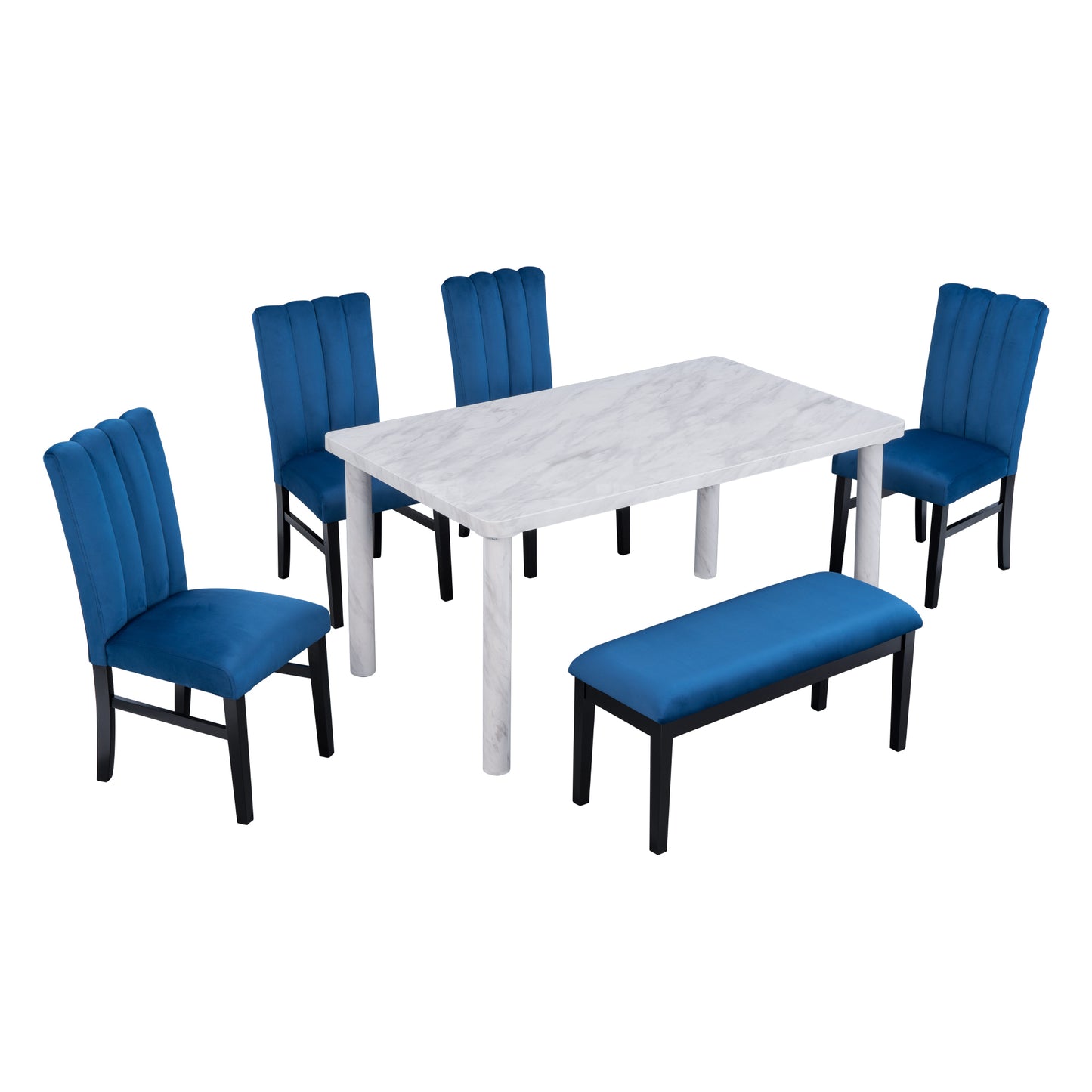 6-Piece Dining Table Set with Marble Veneer (White+Blue)