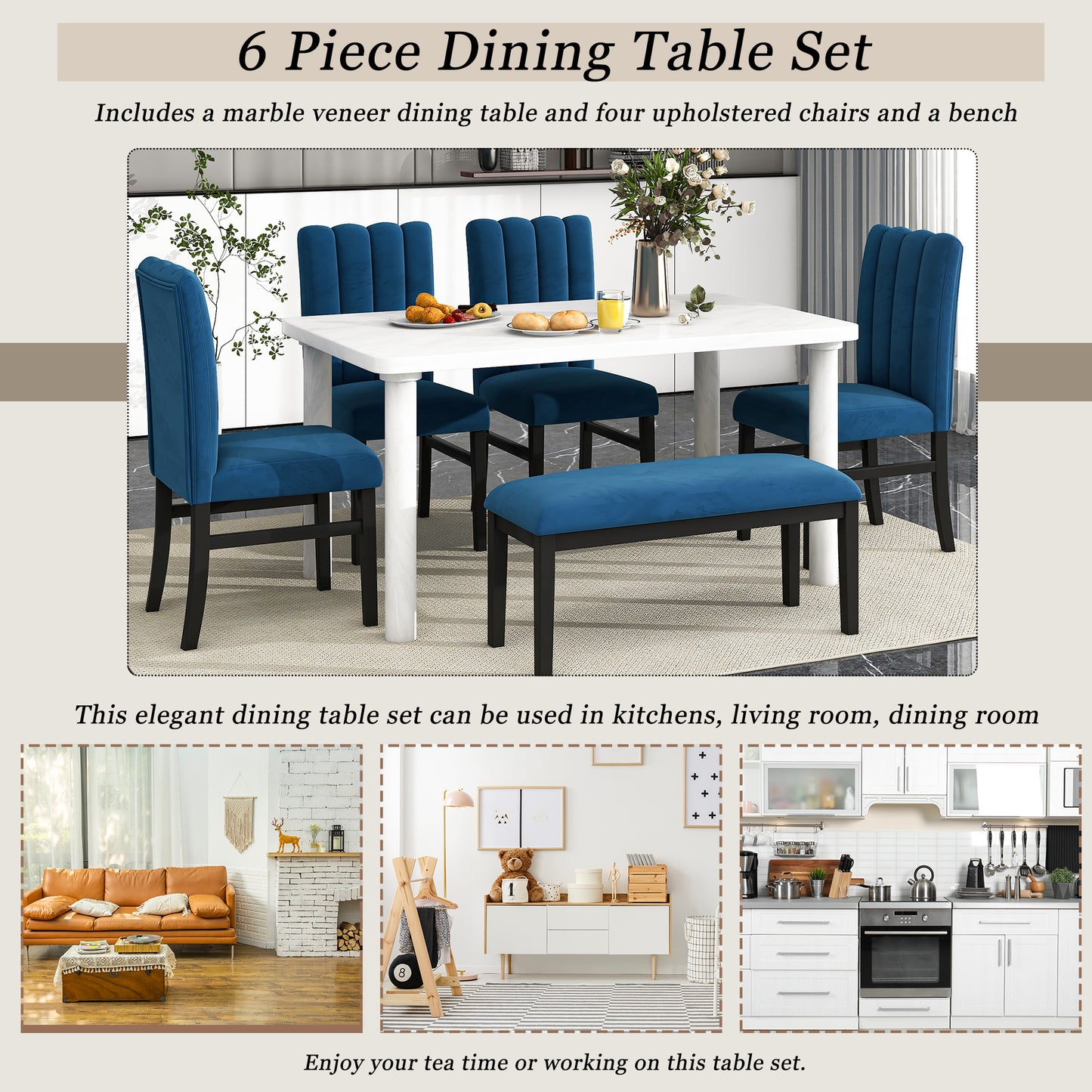 6-Piece Dining Table Set with Marble Veneer (White+Blue)