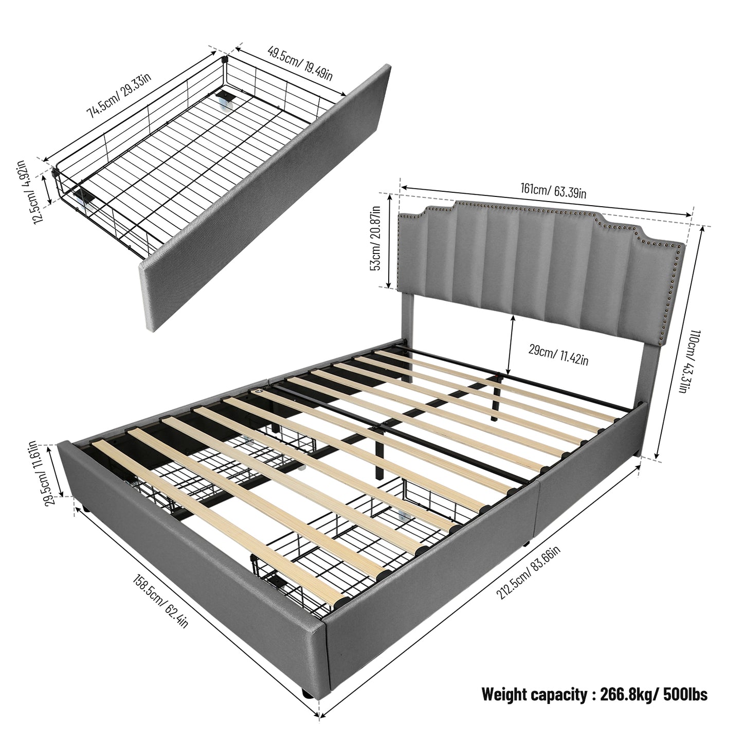 Queen Size Storage Upholstered Platform Bed Linen -Grey