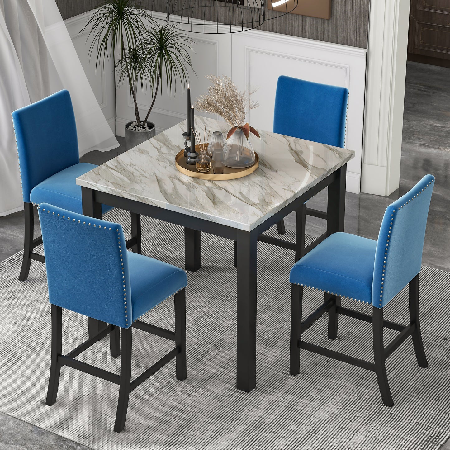 5-piece Counter Height Dining Table Set with Faux Marble Dining Table