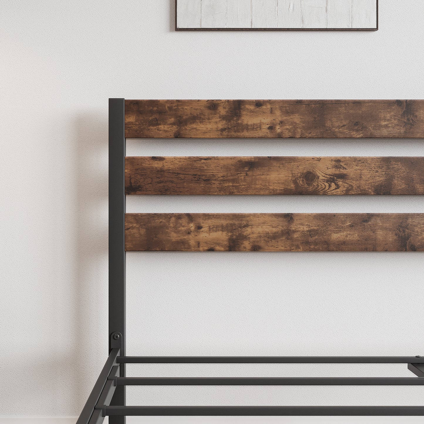 Platform Queen Size Bed Frame with Rustic Vintage Wood Headboard