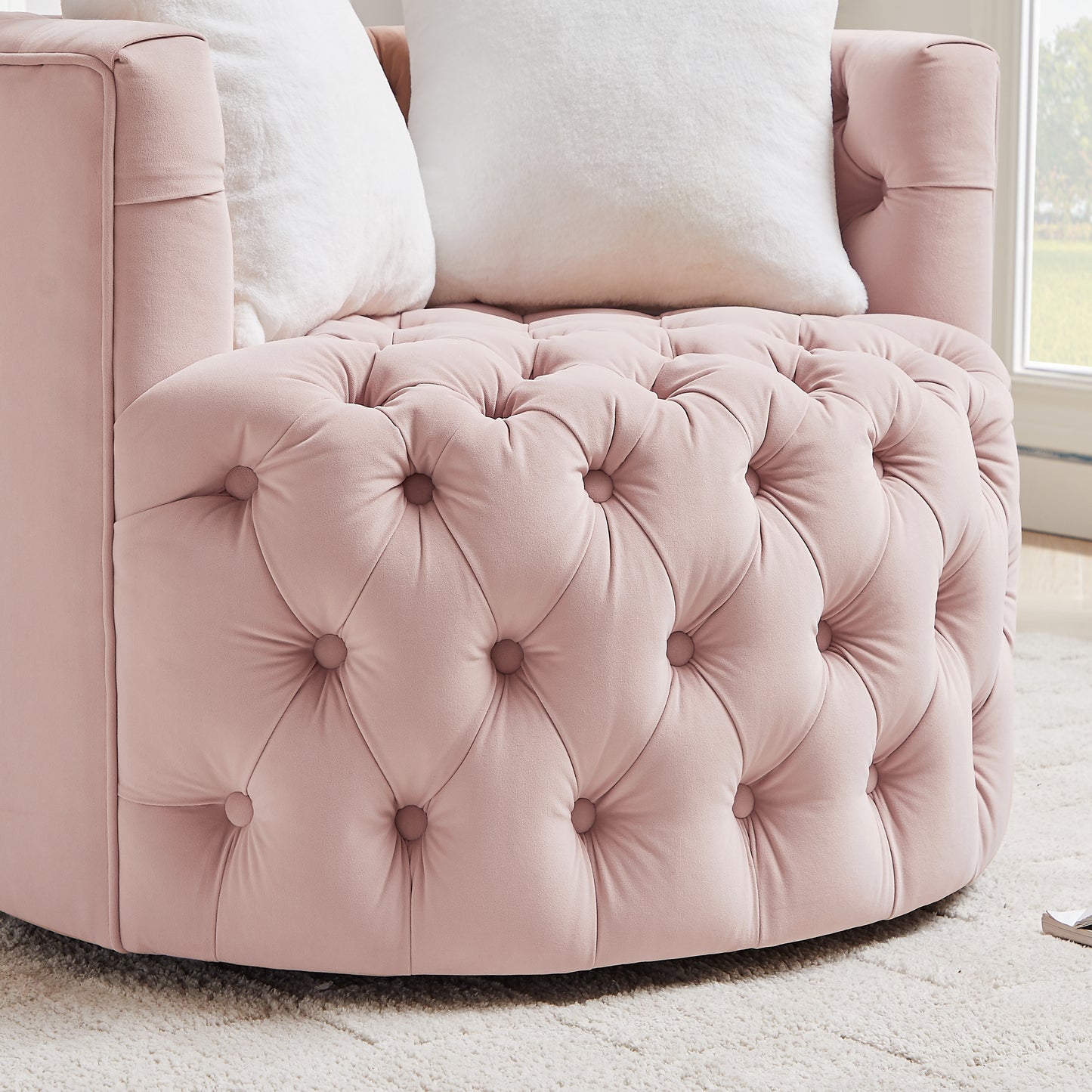 Ceianna Upholstered Swivel Barrel Chair-Pink/White