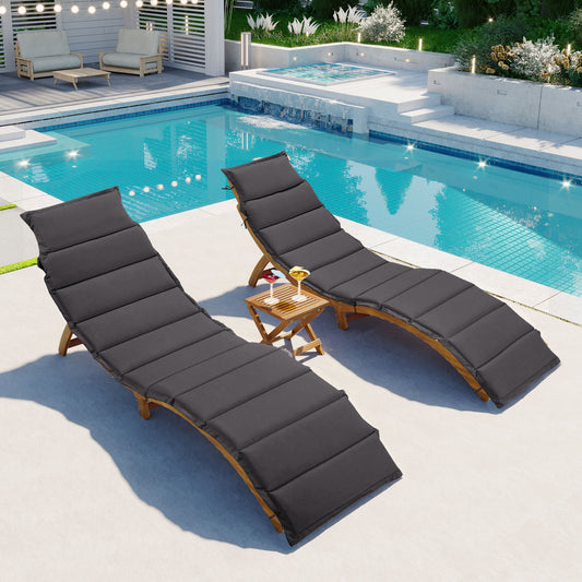 TOPMAX Outdoor Patio Wood Portable Extended Chaise Lounge Set with Foldable Tea Table for Balcony, Poolside, Garden, Brown Finish+Dark Gray Cushion