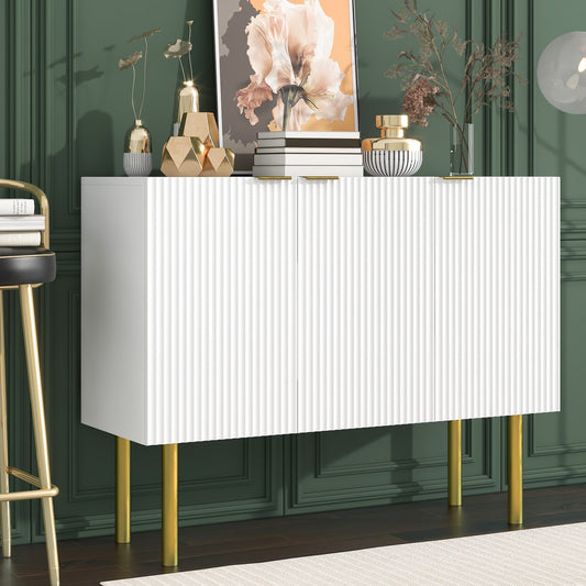 TREXM Modern Simple & Luxury Style Sideboard Particle Board & MDF Board Cabinet with Gold Metal Legs & Handles, Adjustable Shelves for Living Room, Dining Room (White)
