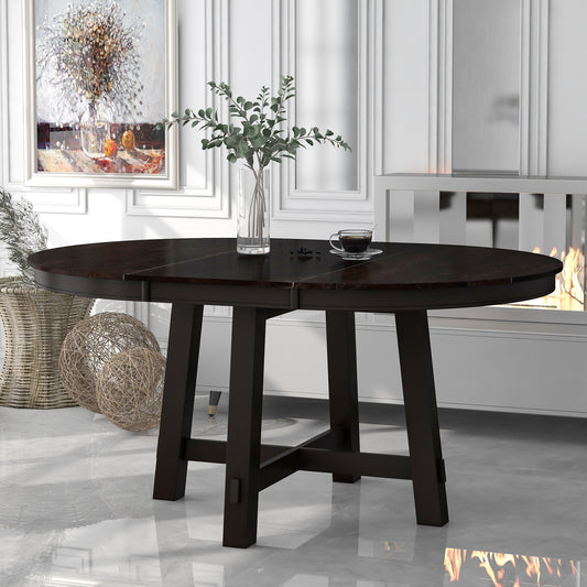 TREXM Farmhouse Round Extendable Dining Table with 16" Leaf Wood Kitchen Table (Espresso)