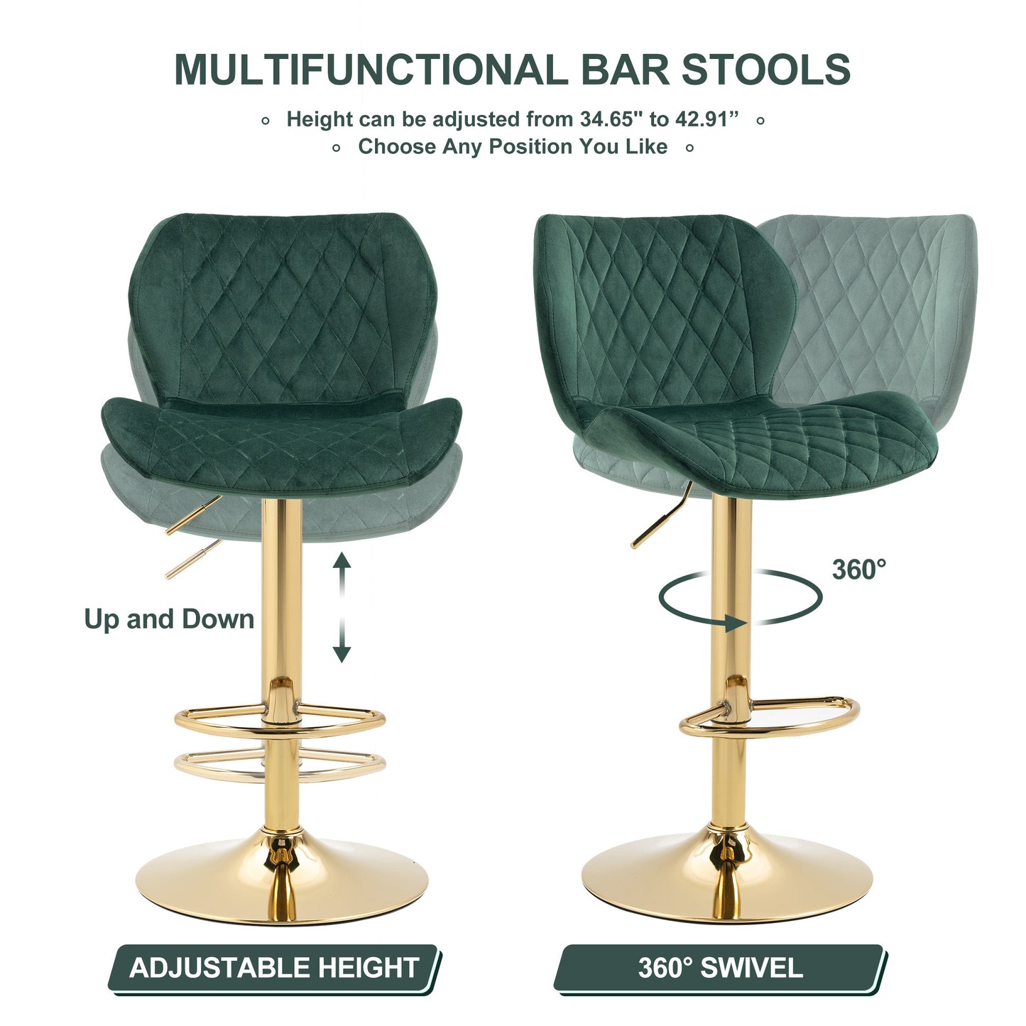 Green Velvet Adjustable Swivel Bar Stools Set of 2