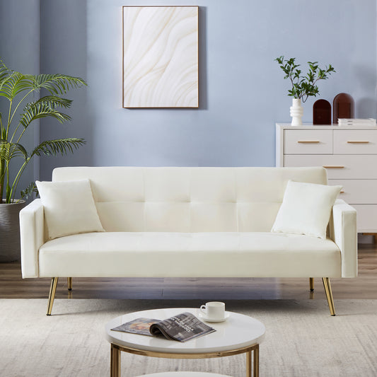 Cream White Velvet  Convertible Folding Futon Sofa Bed