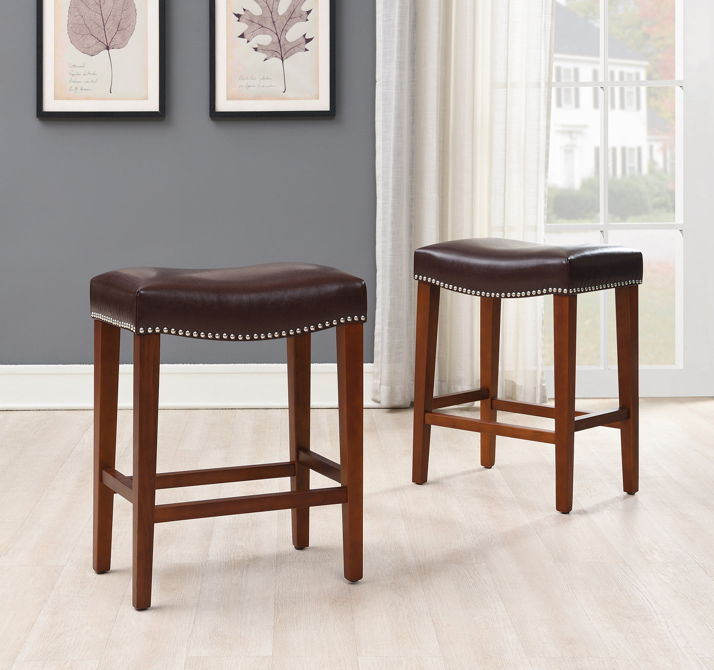 Dark Brown Leather Barstool Set of 2