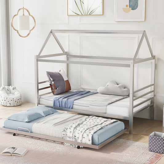 Twin Size Metal House  Platform Bed with Trundle,-Silver