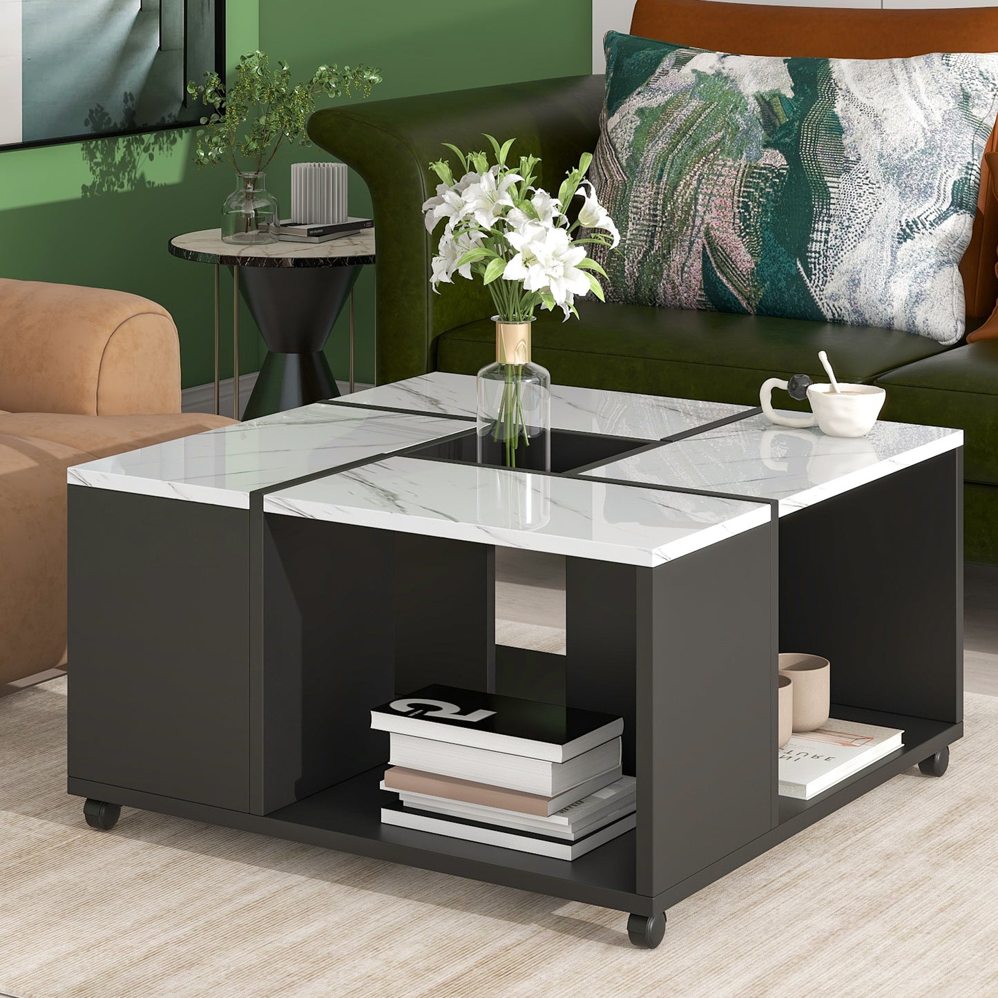 Coffee Table with CasterUV High-gloss Marble Design