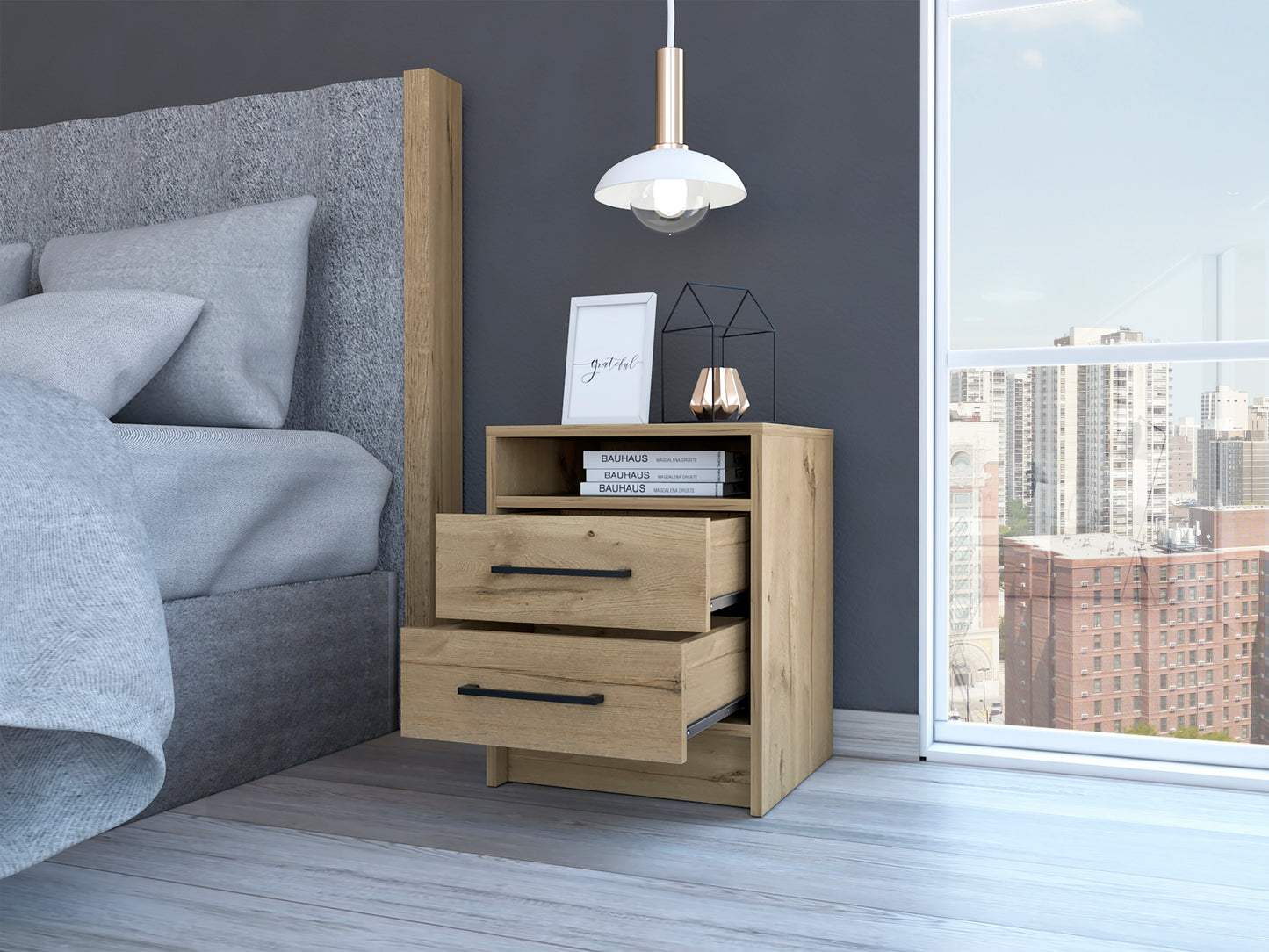 Eter Nightstand, Superior Top, Two Drawers -Light Oak