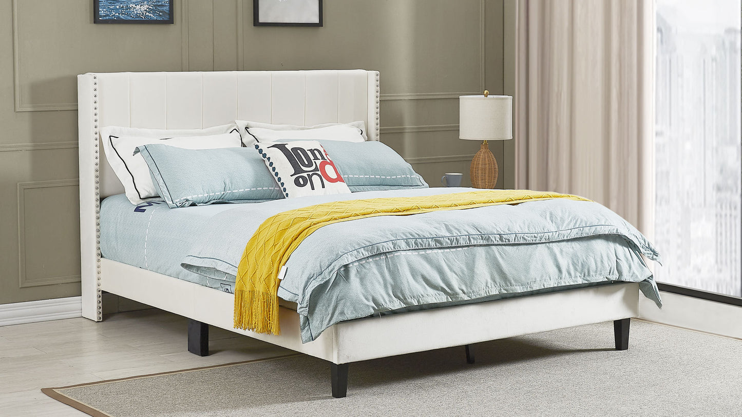 Velvet Upholstered Queen Bed- Beige