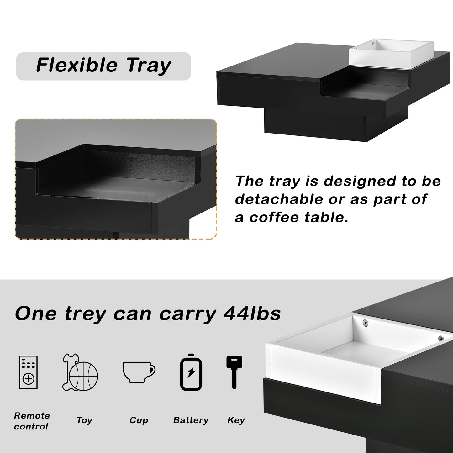 Square Coffee Table with Detachable Tray and Plug-in 16-color LED Strip Lights Remote Control