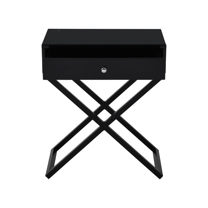 Koda Black Wooden End Side Table Nightstand with Glass Top, Drawer and Metal Cross Base