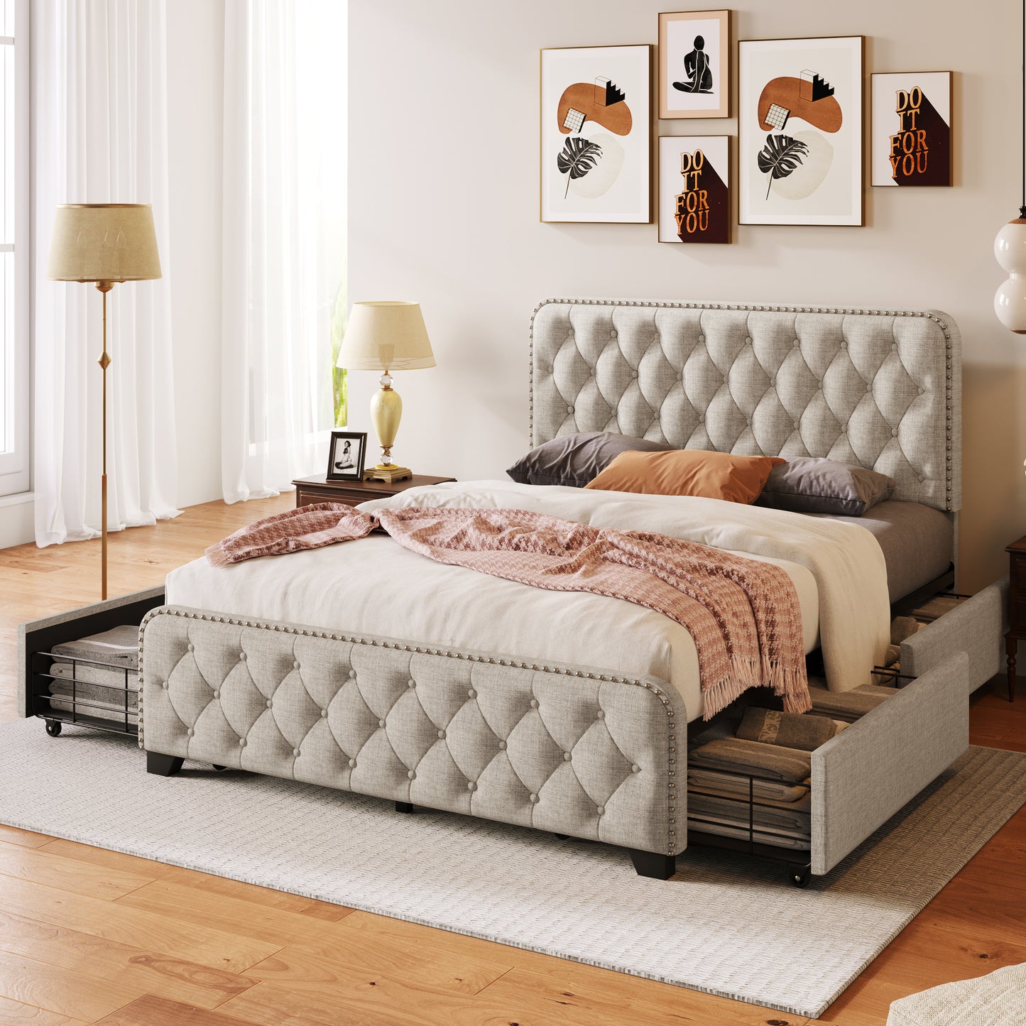 Upholstered Platform Bed Frame with Four Drawers Beige, Full