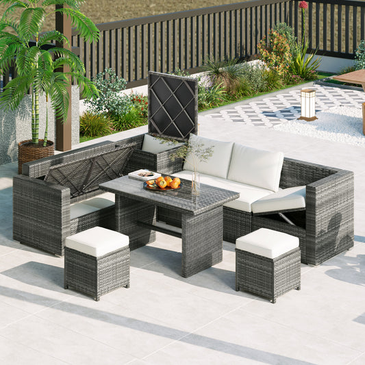 TOPMAX Outdoor 6-Piece All Weather PE Rattan Sofa Set, Garden Patio Wicker Sectional Furniture Set with Adjustable Seat, Storage Box, Removable Covers and Tempered Glass Top Table, Beige