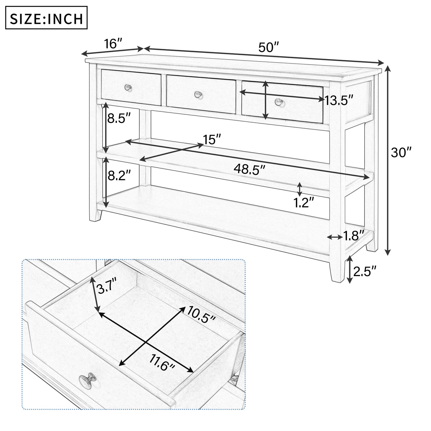 TREXM Retro Design Console Table with Two Open Shelves - Espresso