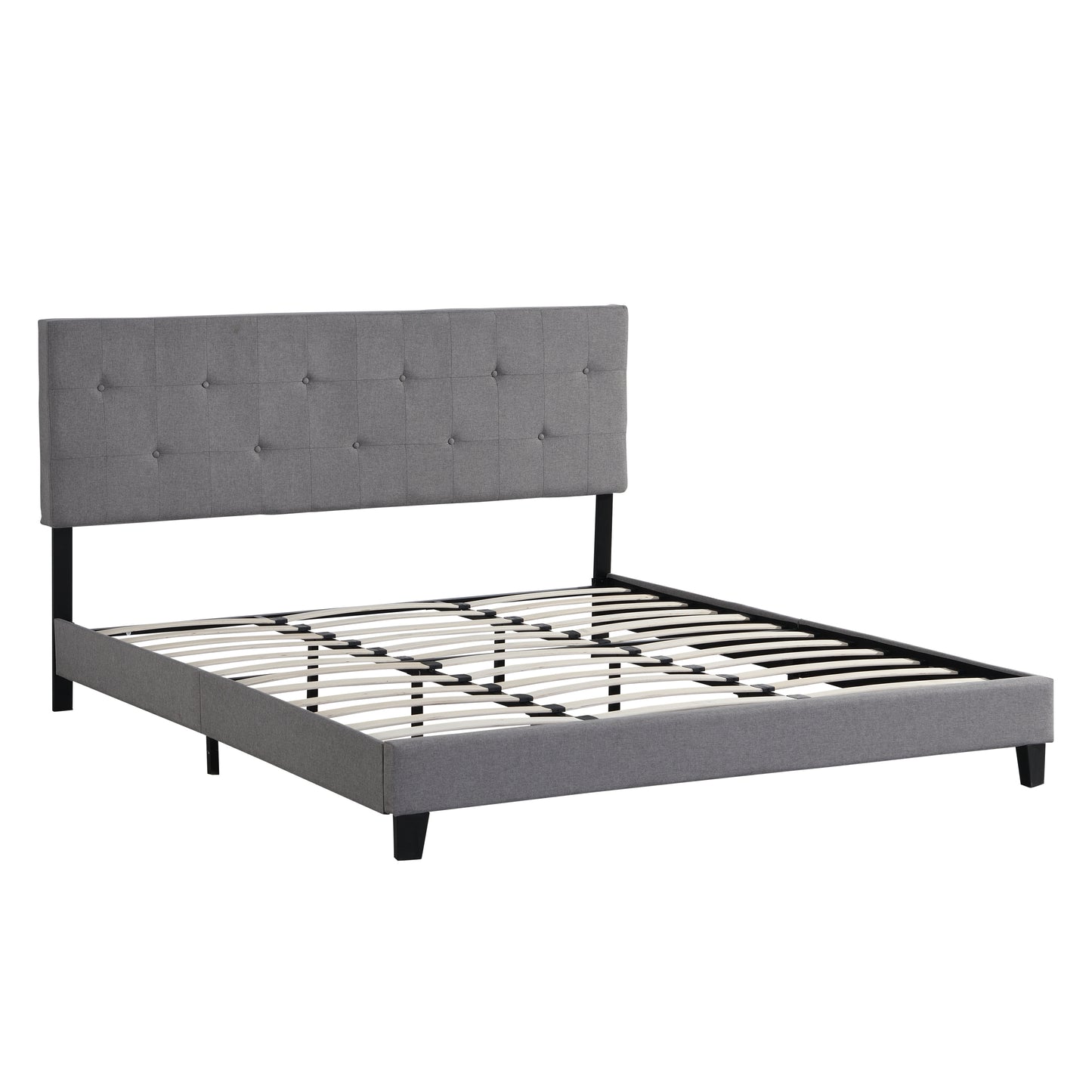 King Size Upholstered Platform Bed Frame with Button Tufted Linen Fabric Headboard=Gray