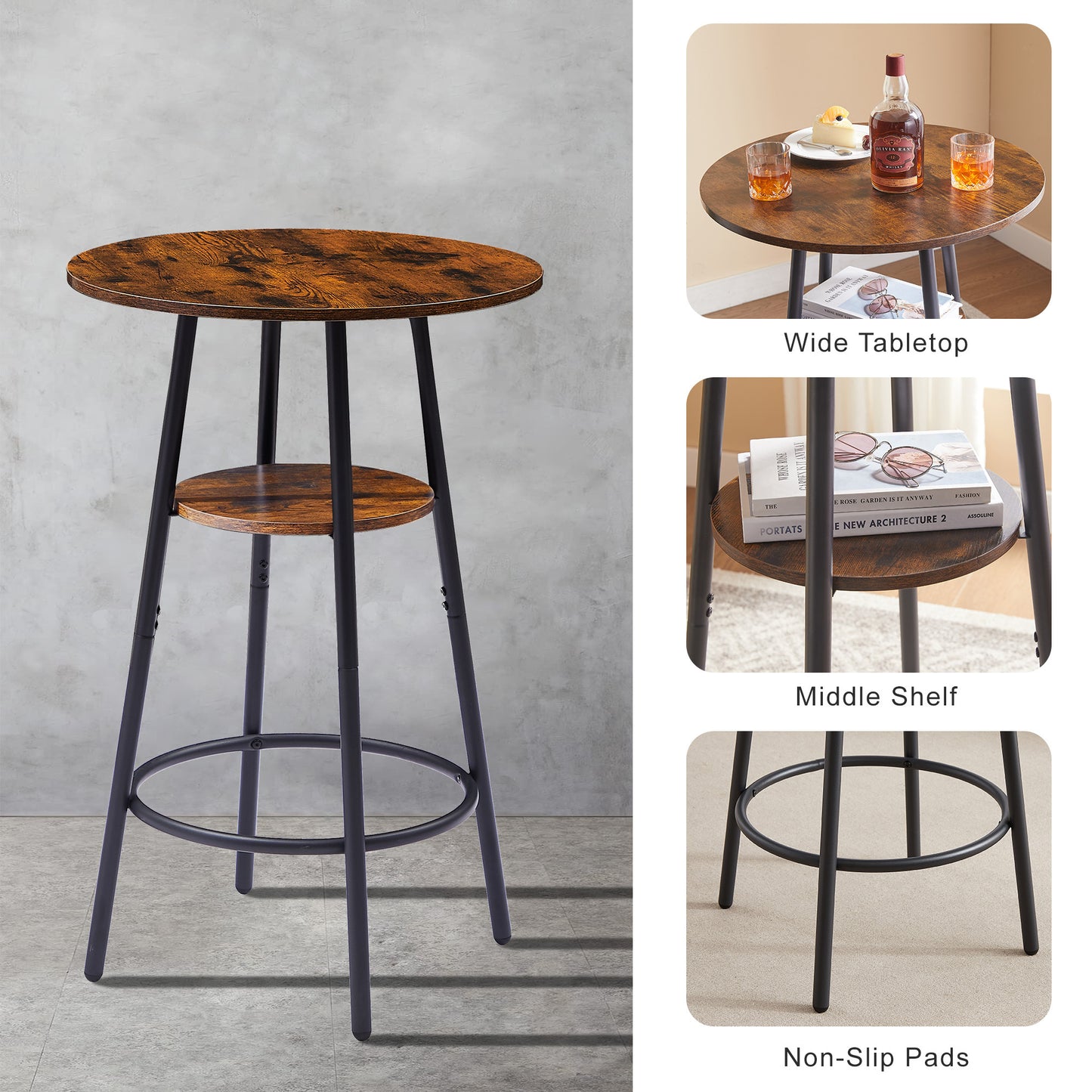 Round Bar Stool Set with Shelf - Rustic Brown