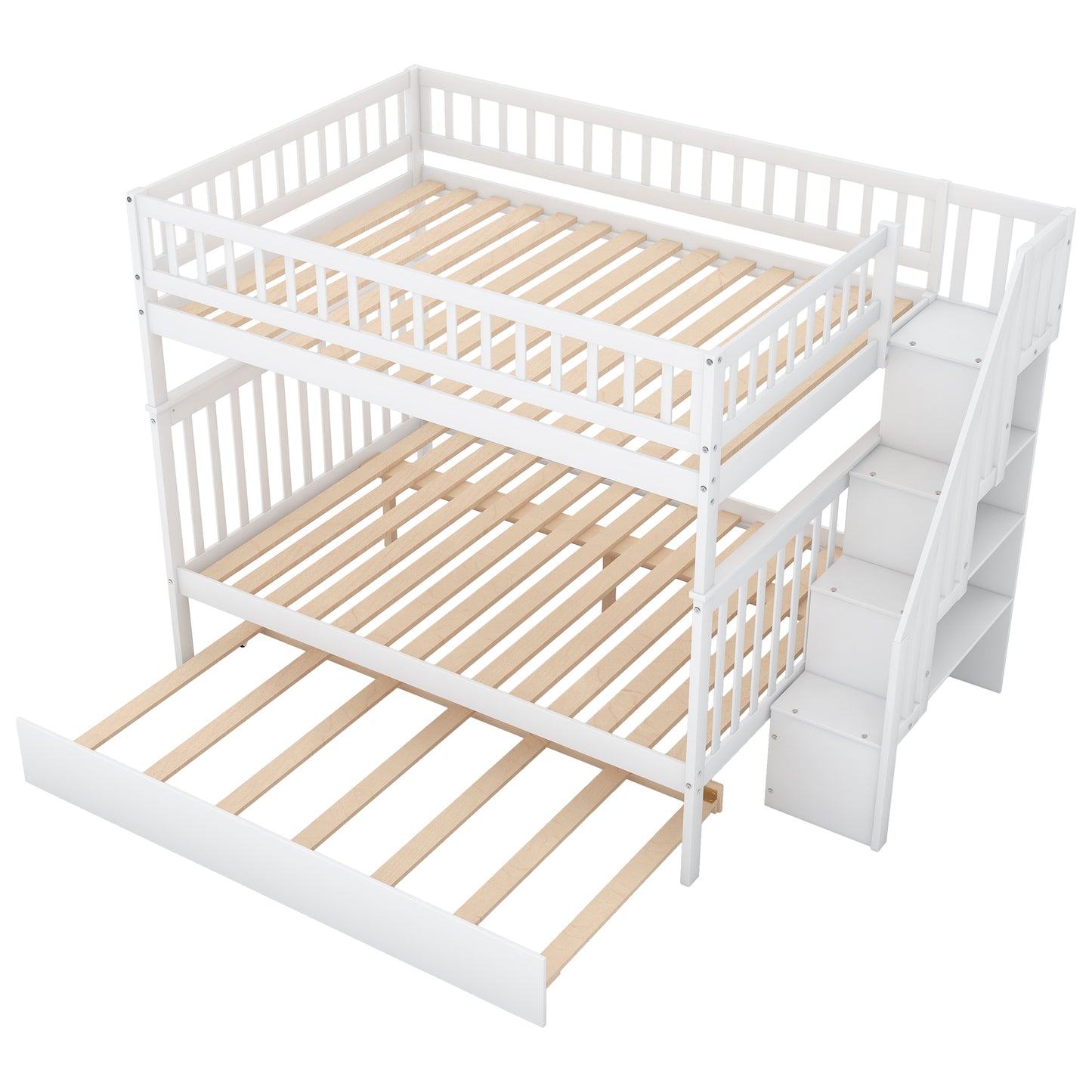 White Full over Full Bunk Bed with Trundle and Staircase