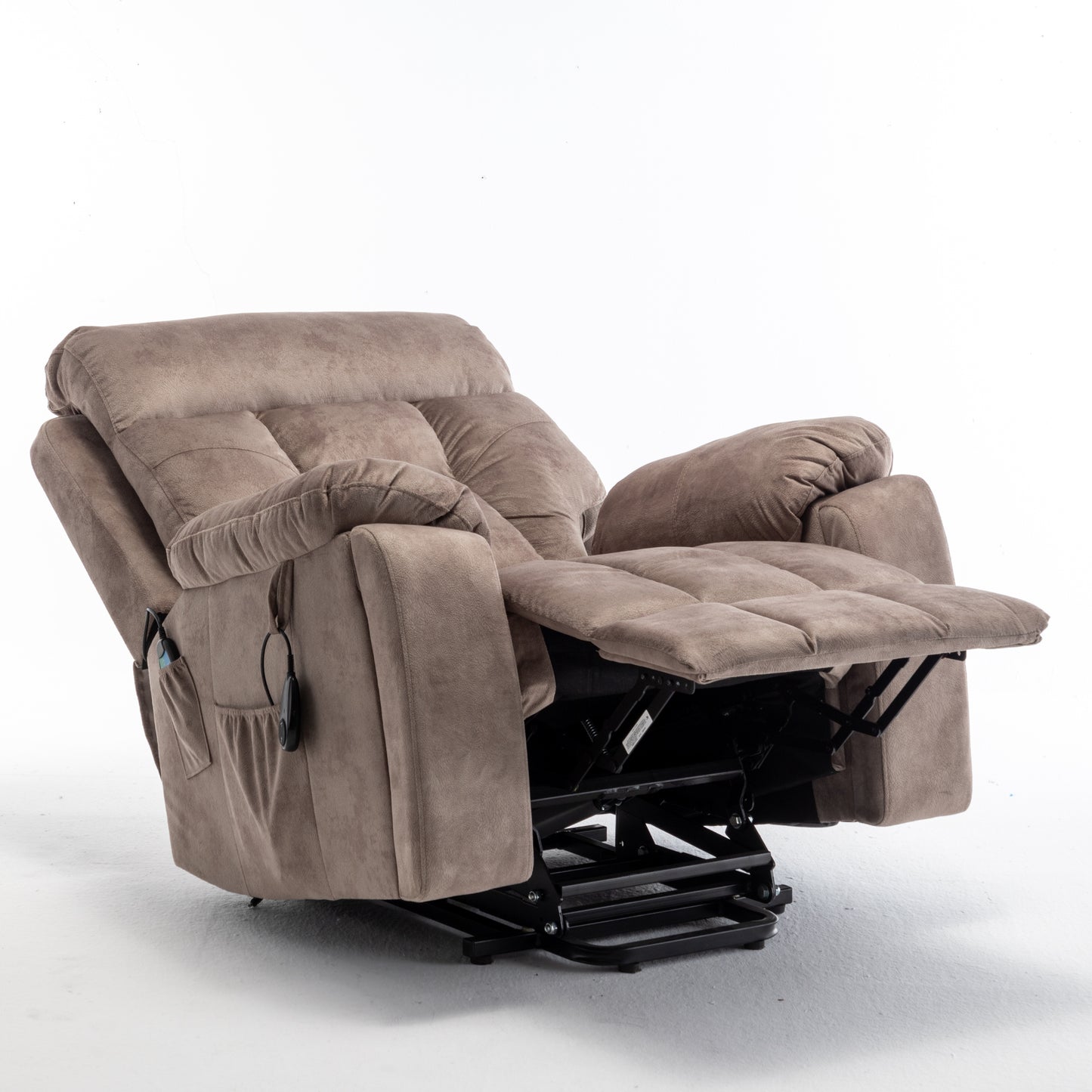 Velvet Power Lift Recliner Heated Zero Gravity Massage Chair with storage pockets - Beige+Brown