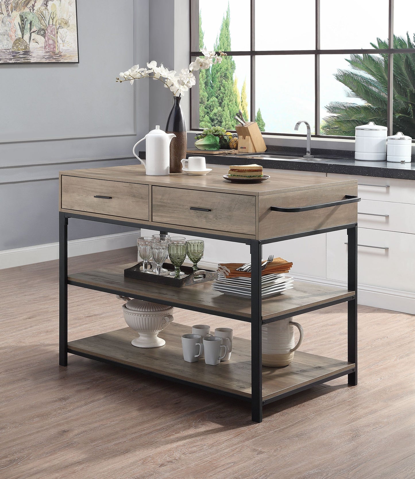 ACME Macaria Kitchen Island Rustic Oak & Black Finish