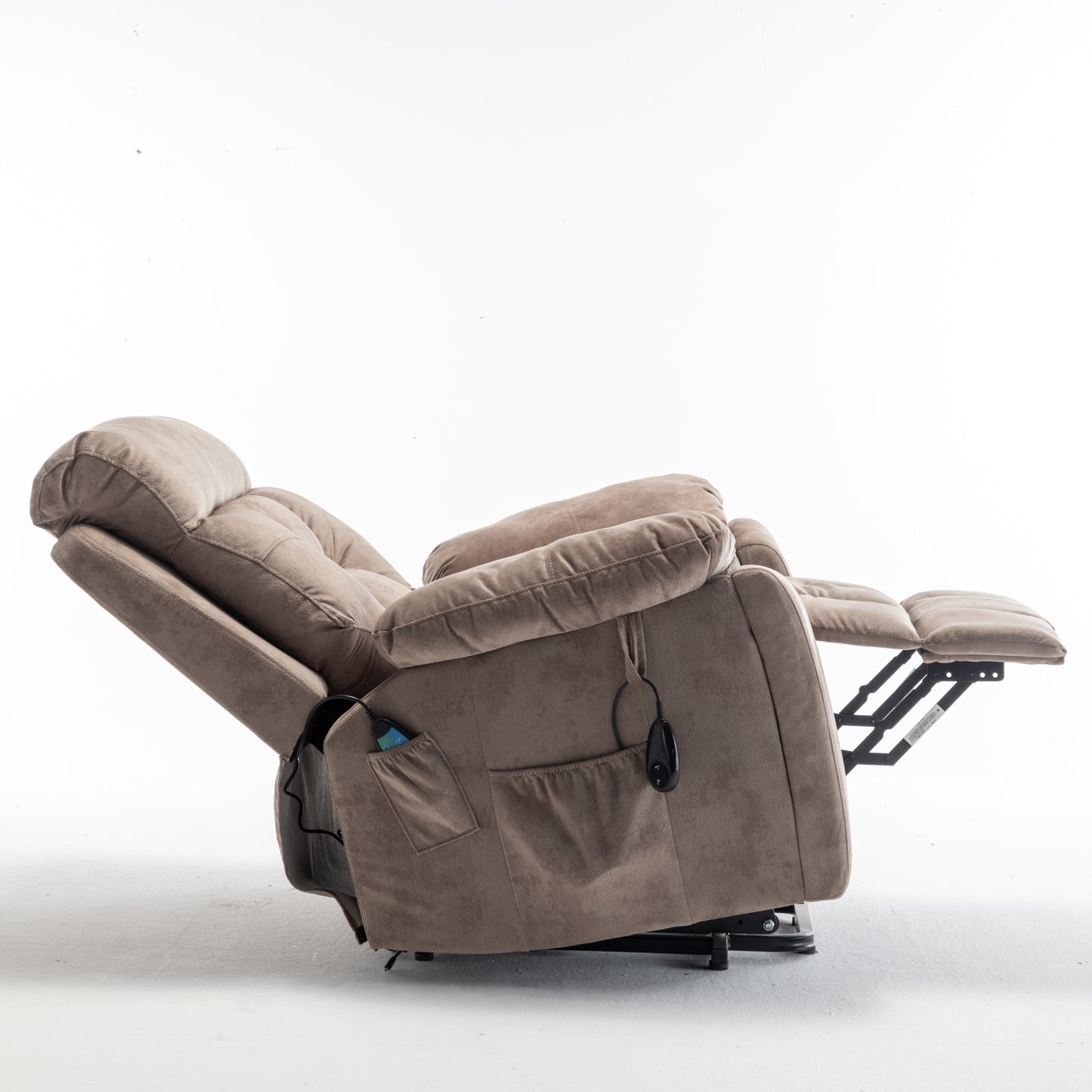 Velvet Power Lift Recliner Heated Zero Gravity Massage Chair with storage pockets - Beige+Brown