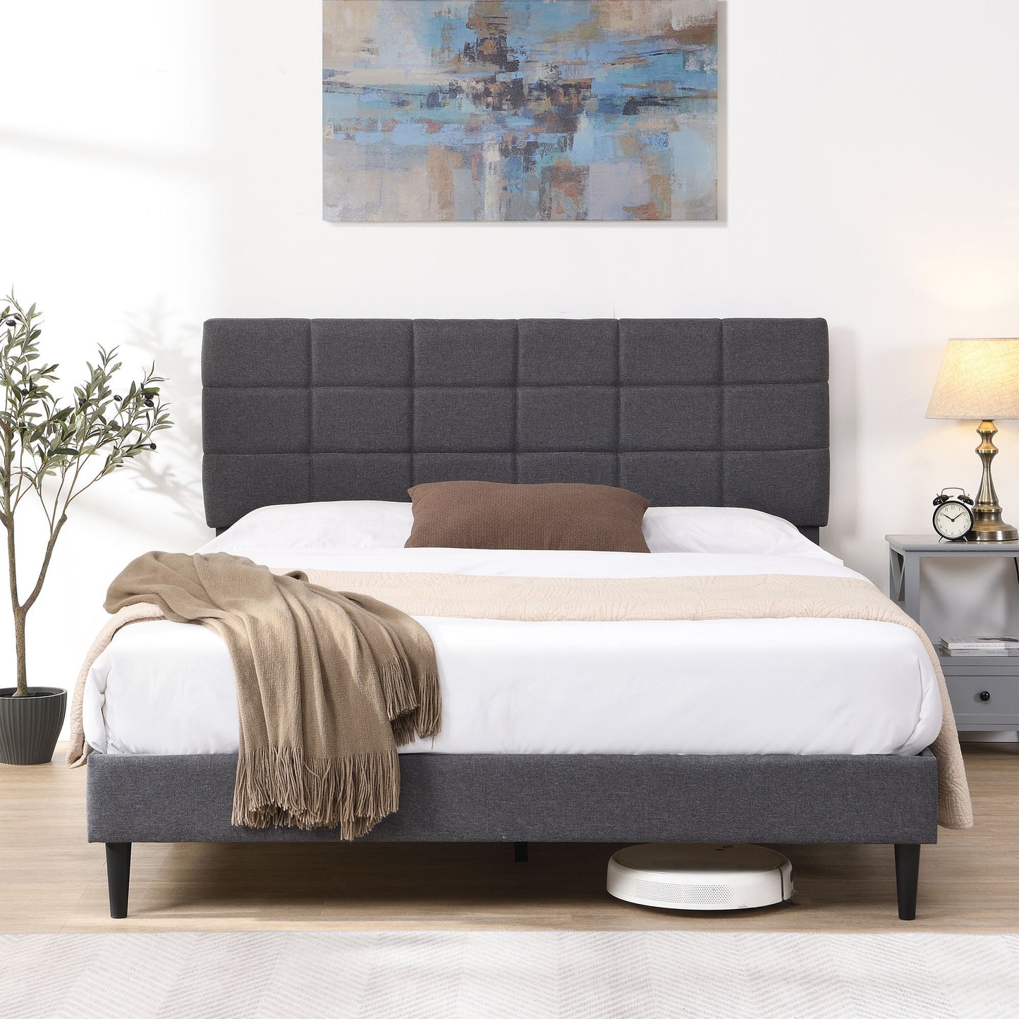 Queen Size Platform Bed Frame with Fabric Upholstered Headboard