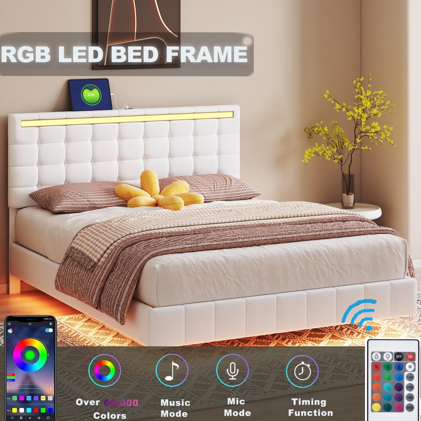 Queen Size Floating Bed Frame with LED Lights and USB Charging