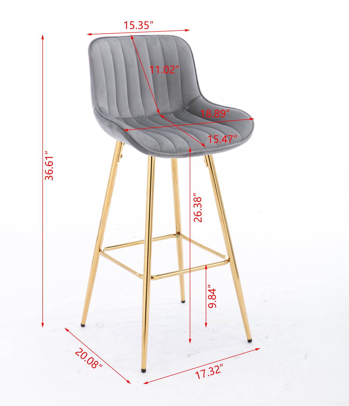 26 inch Set of 2 Velvet Fabric Golden Leg Bar Stool Gray