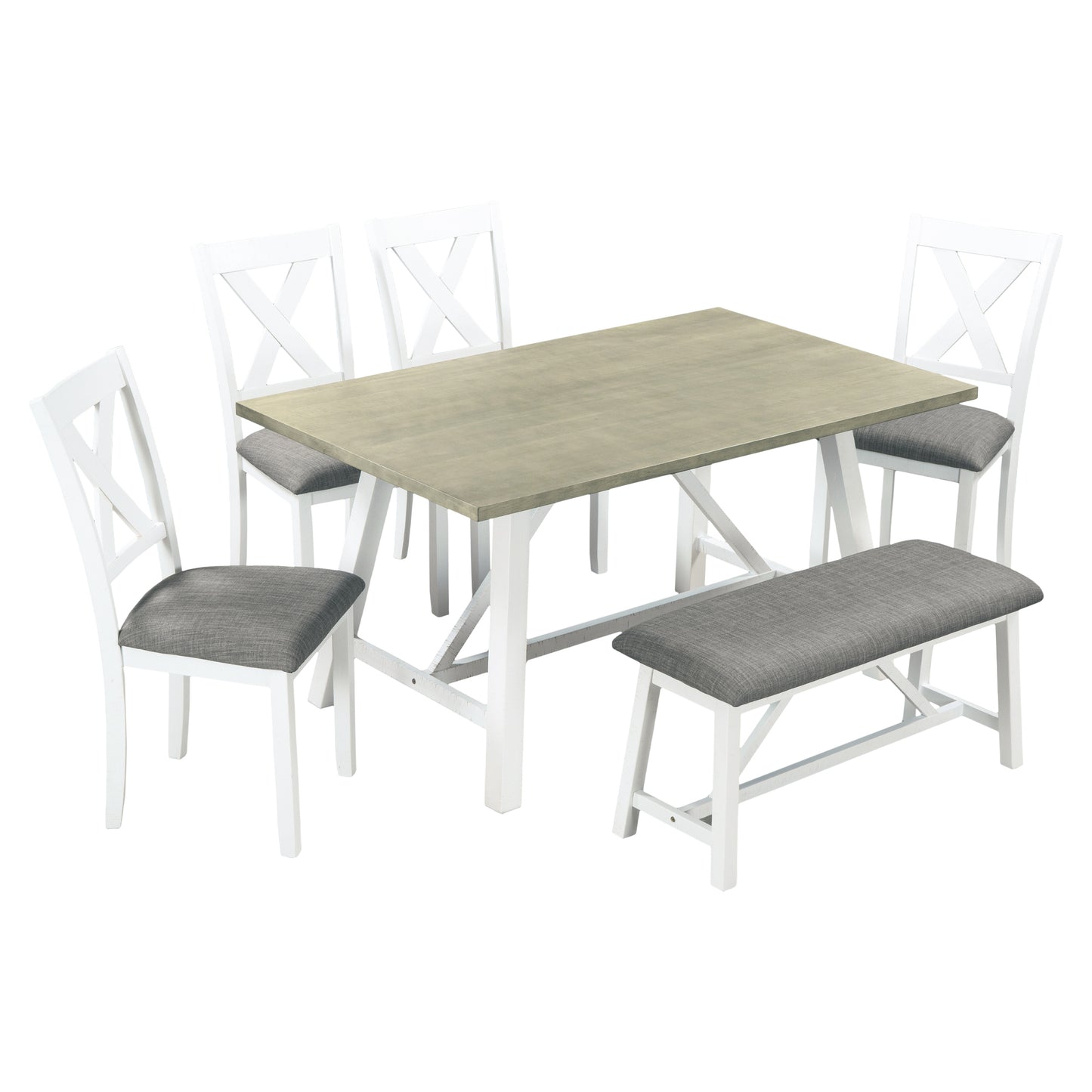 6 Piece Dining Table Set Rustic Style,White+Gray