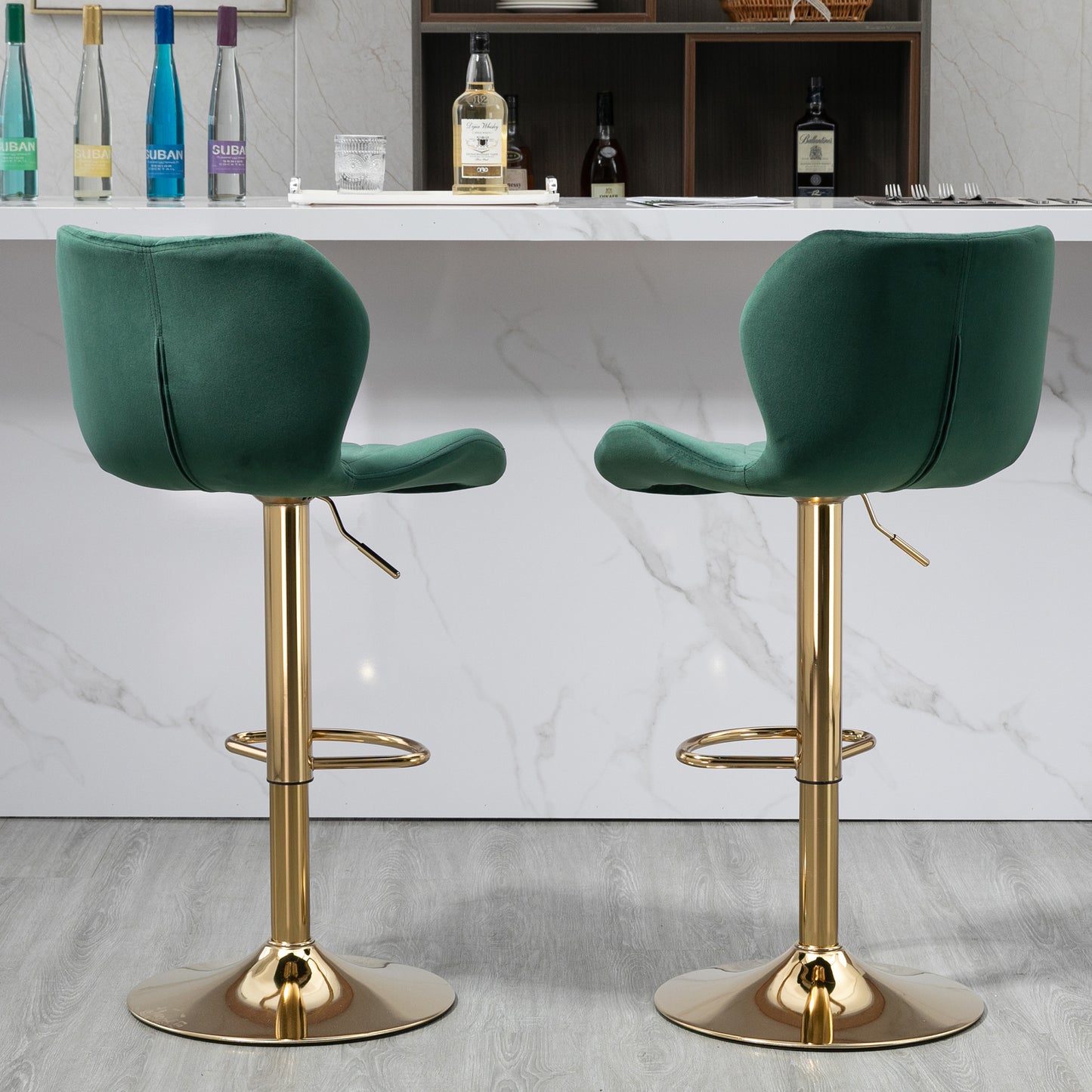 Green Velvet Adjustable Swivel Bar Stools Set of 2