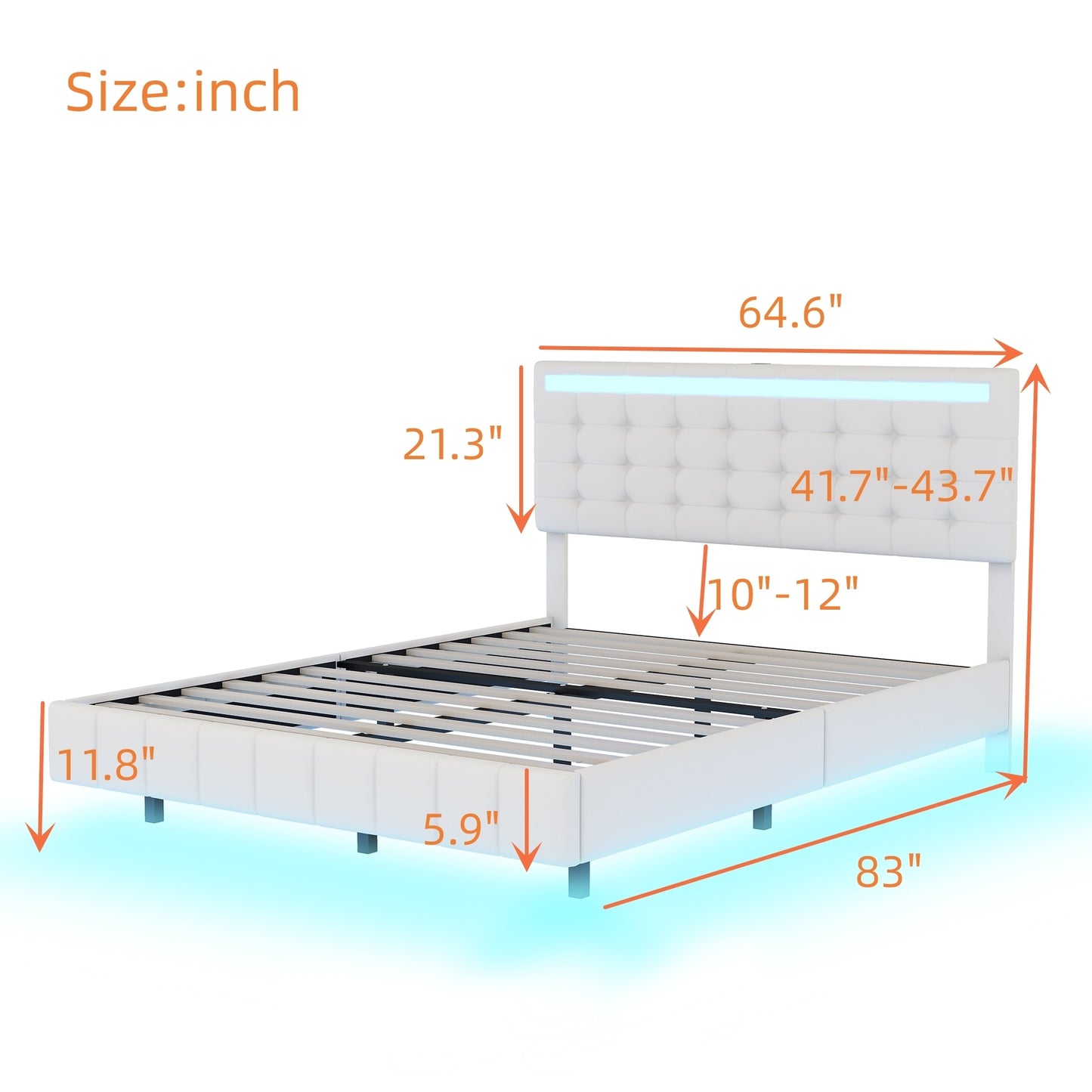 Queen Size Floating Bed Frame with LED Lights and USB Charging