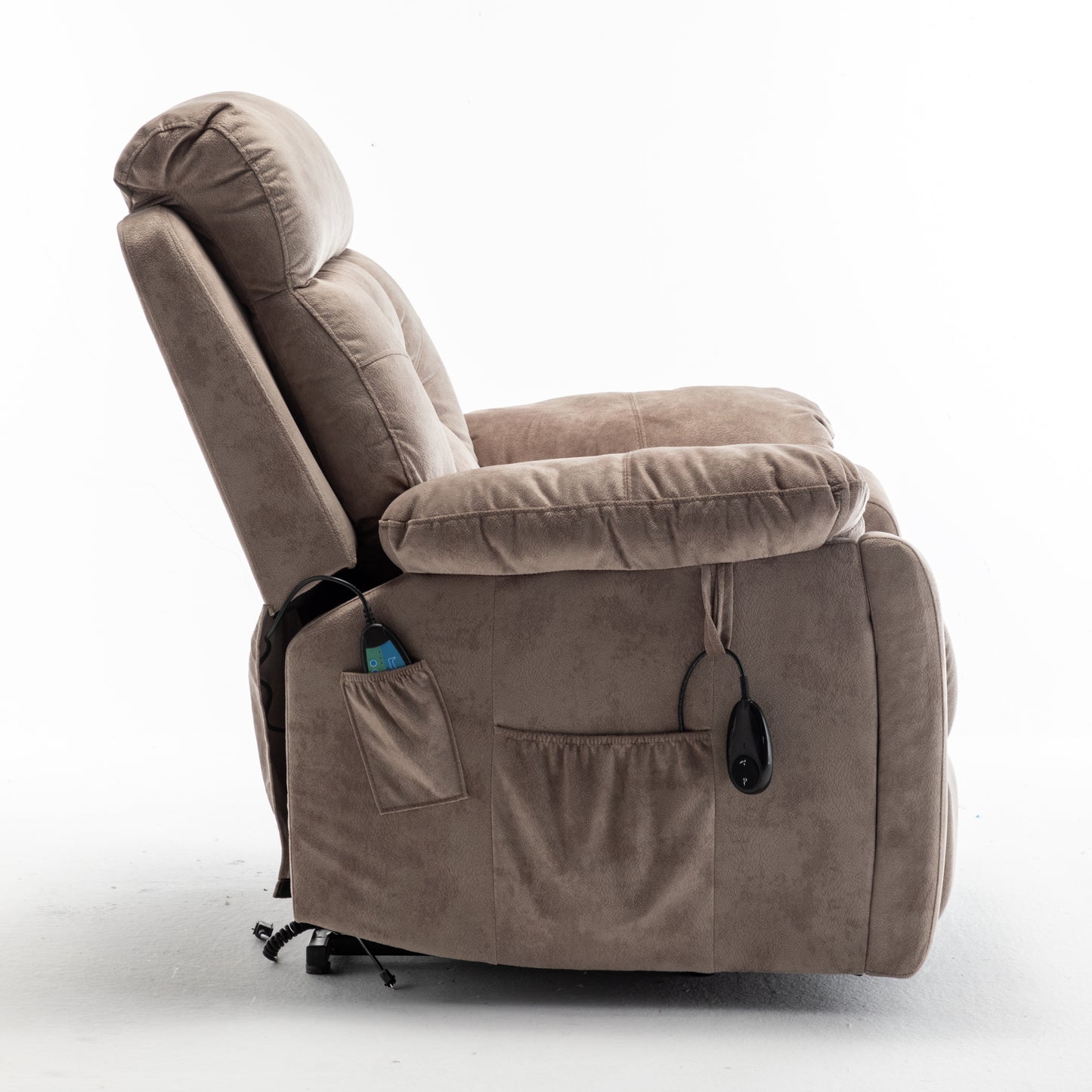 Velvet Power Lift Recliner Heated Zero Gravity Massage Chair with storage pockets - Beige+Brown