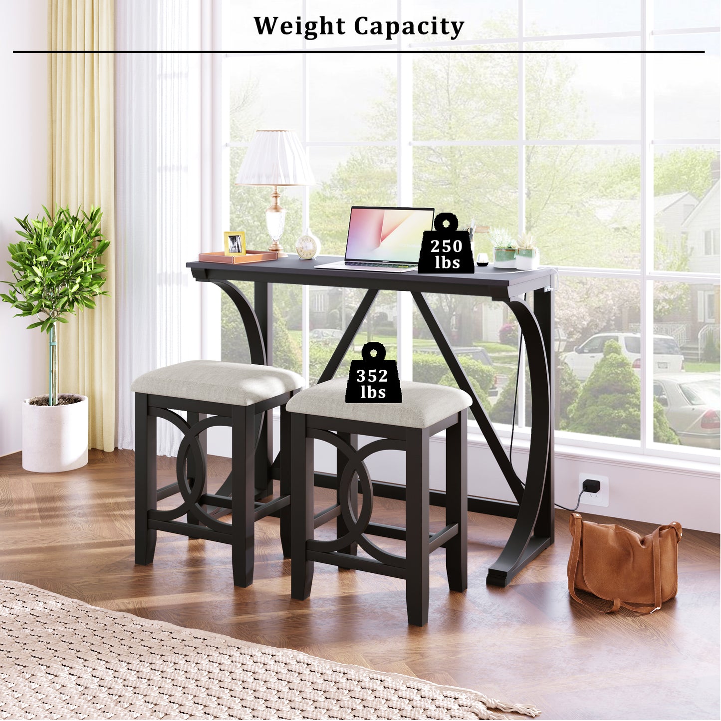 Farmhouse 3-Piece Counter Height Dining Table Set with USB Port