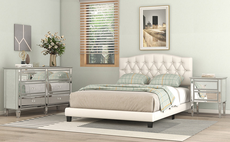 Tufted Platform Bed with Saddle Curved Headboard, King