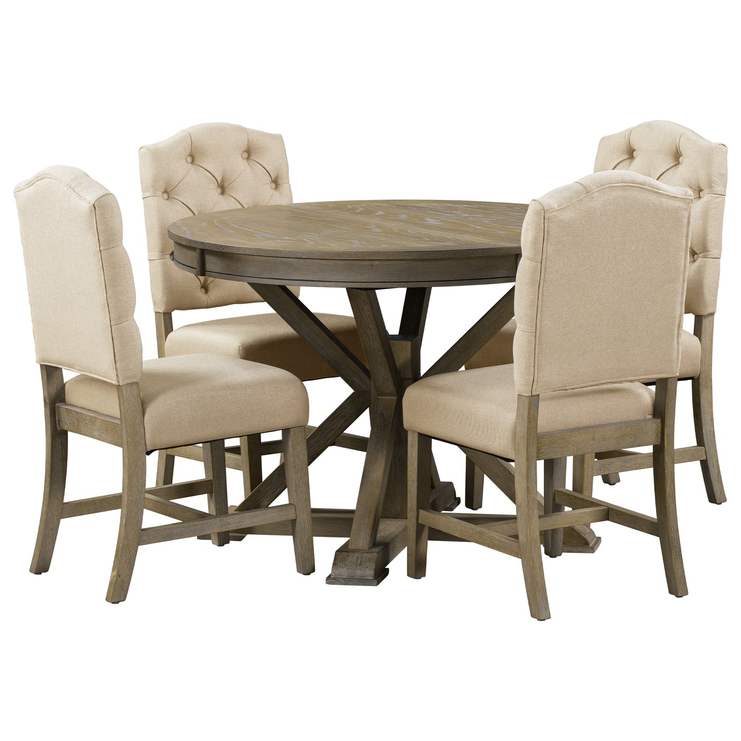 Retro Style Dining Table Set with Extendable Table and 4 Upholstered Chairs (Natural Wood Wash)