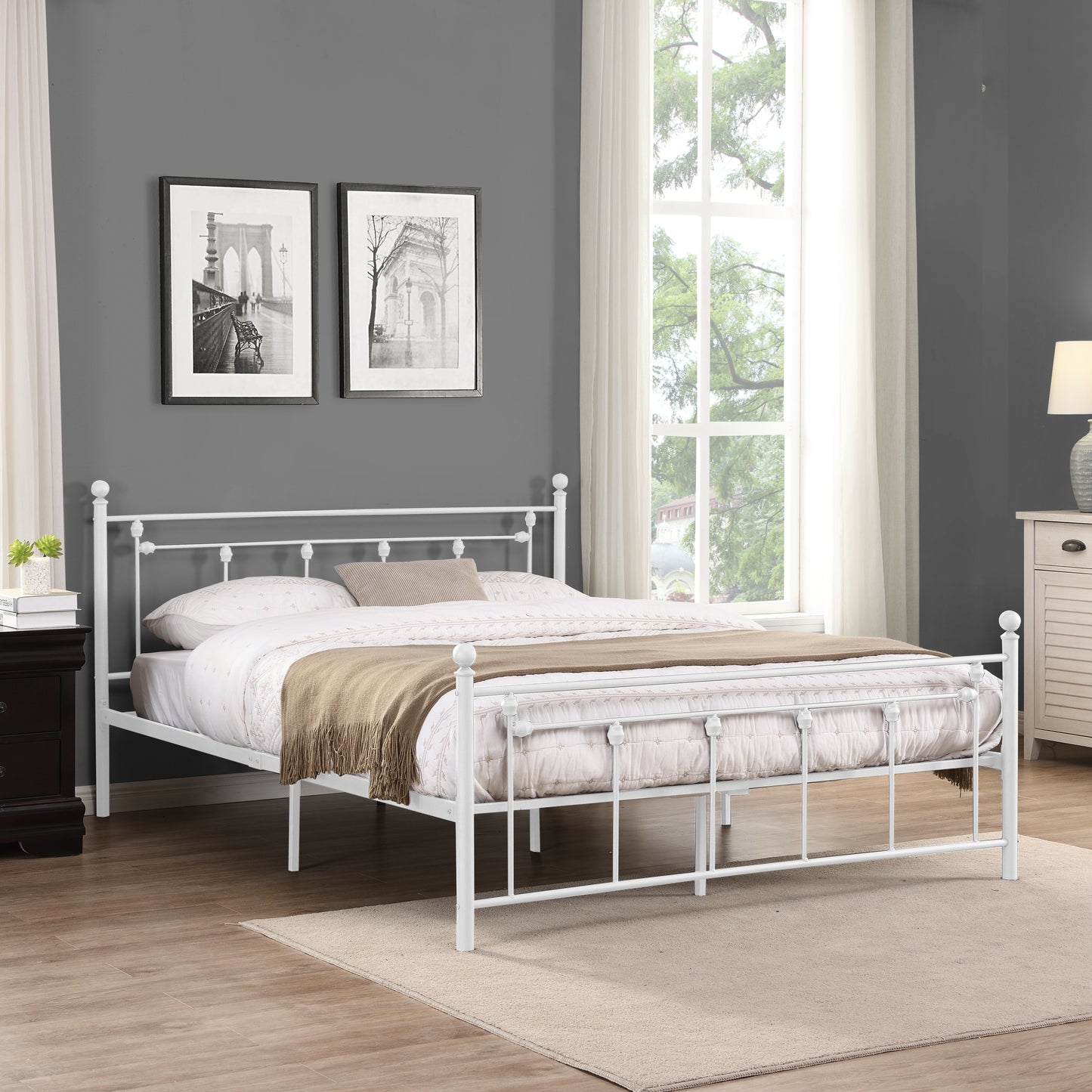 Queen Size Metal Bed Frame-(White)